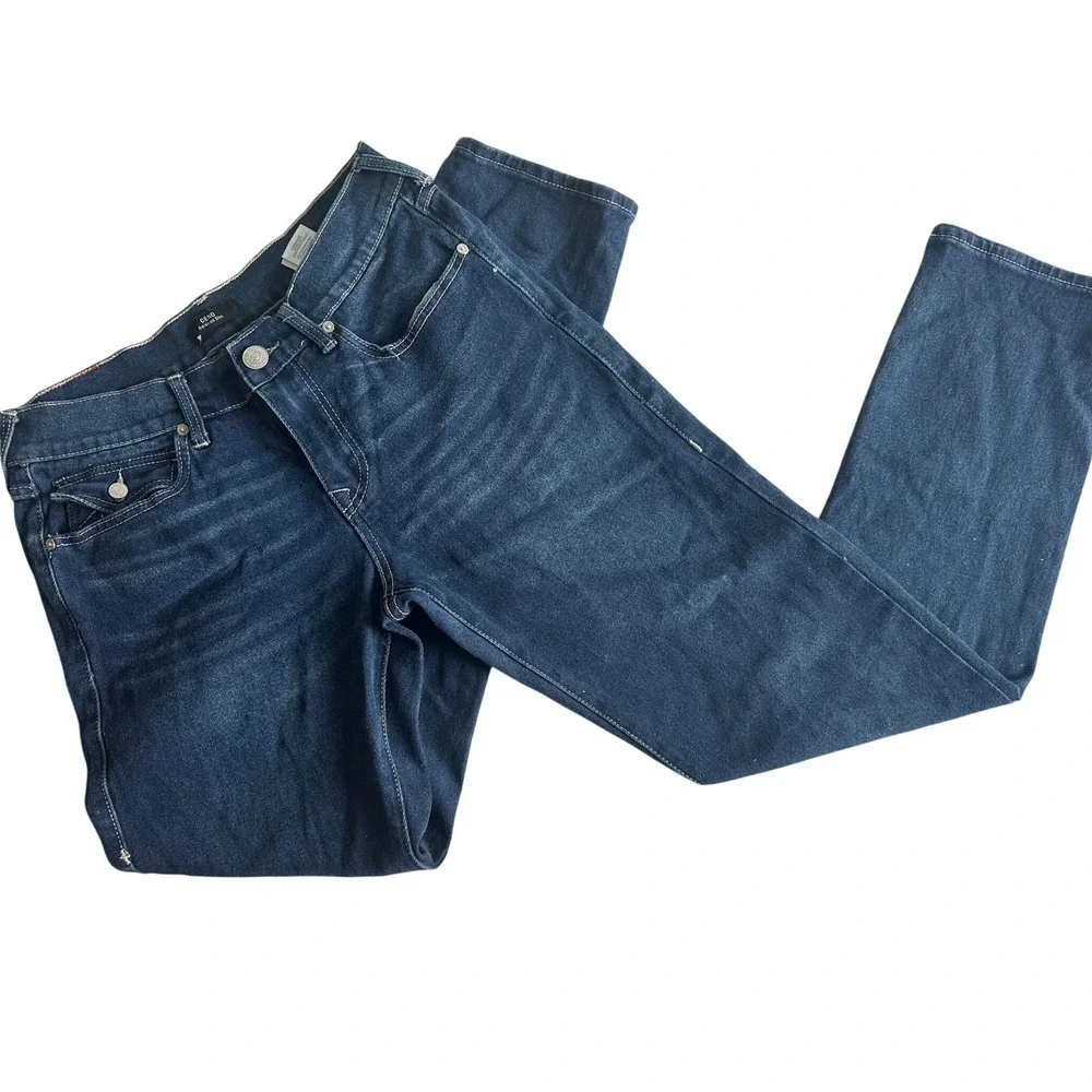 True Religion Geno Relaxed Slim Dark Wash Jeans Mens 30 Contrast Stitch Blue